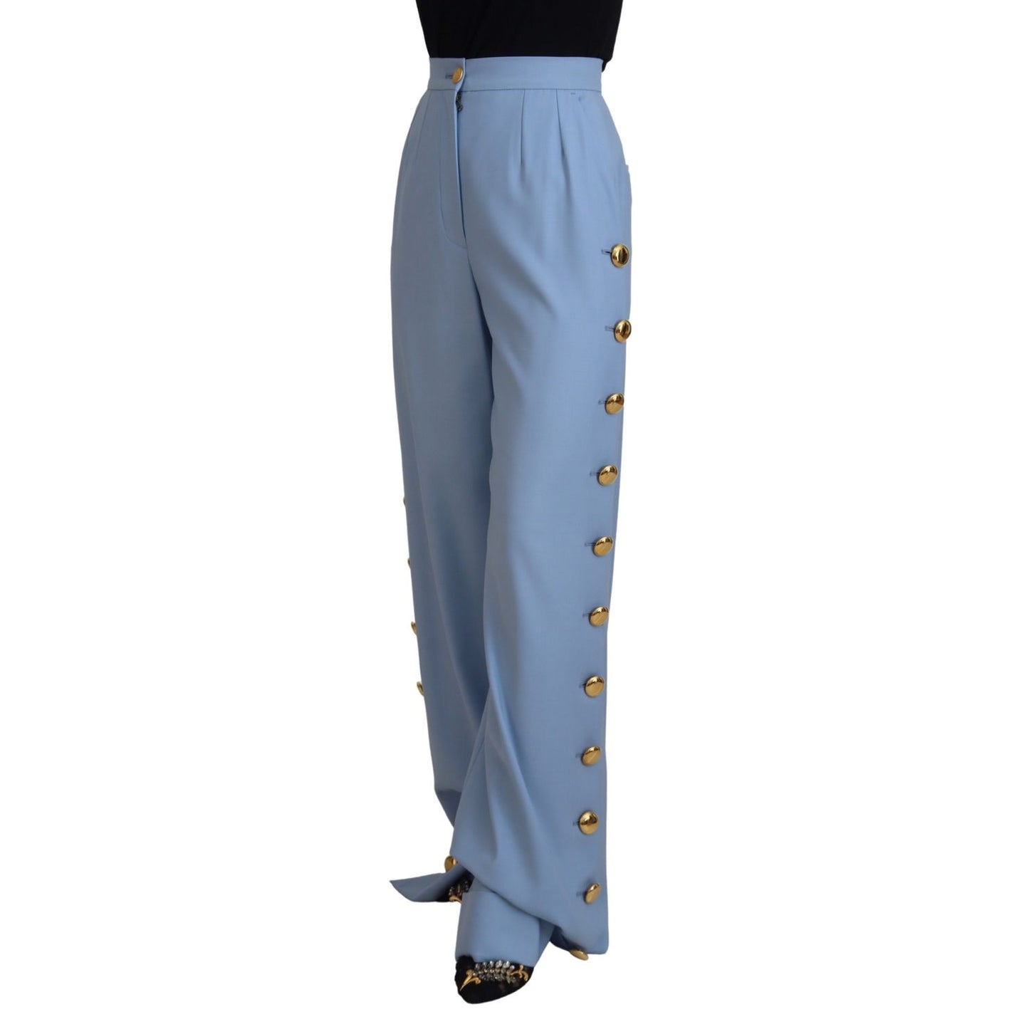 Dolce & Gabbana Light Blue Button Wide Leg Pants 10% Silk,1728,2% Elastane,67345645728,Clothing,Dolce & Gabbana,Flared Pants - Pants - Clothing,IT40|S,Jeans & Pants - Women - Clothing,Light Blue,Material: 88% Wool,New with tags,Pants - Clothing,Women,Wome