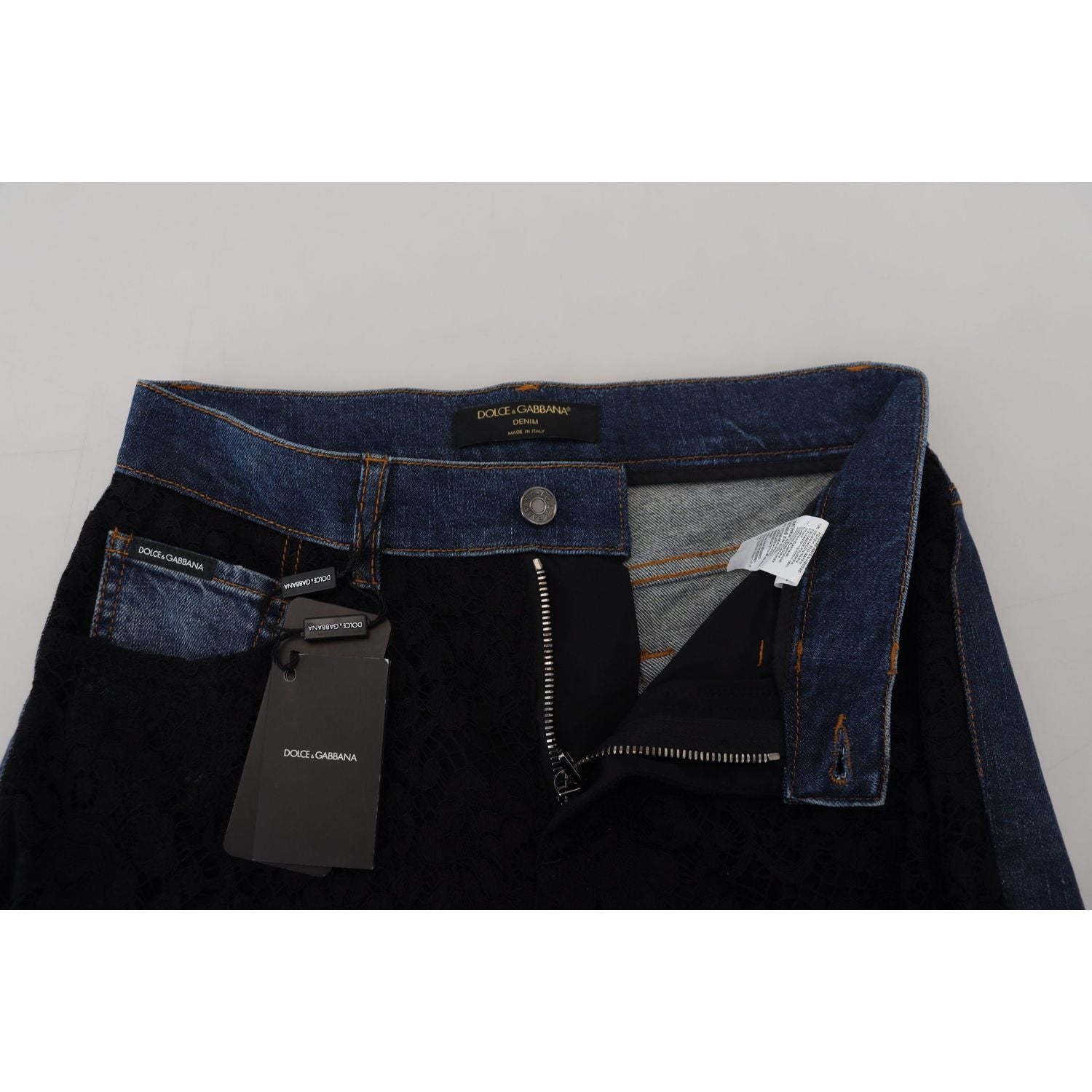 优雅花卉蕾丝前牛仔布