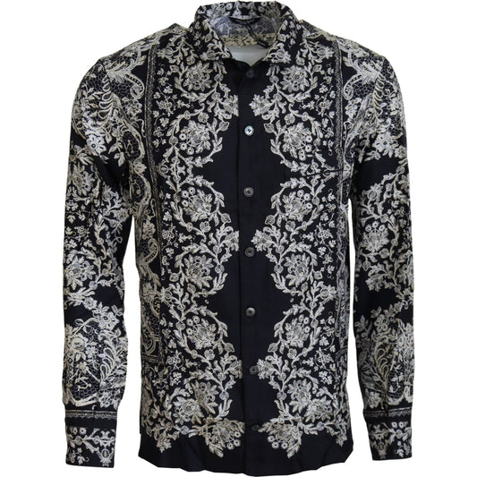 Dolce & Gabbana Blue Silk Floral Baroque Satin Casual Shirt