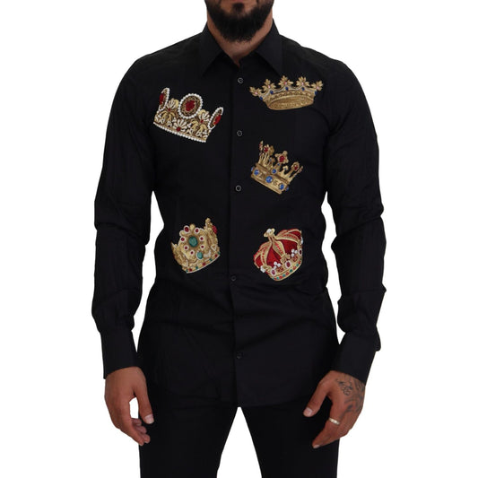 Dolce & Gabbana Black Gold Crown Slim Fit Dress Formal Shirt Dolce & Gabbana