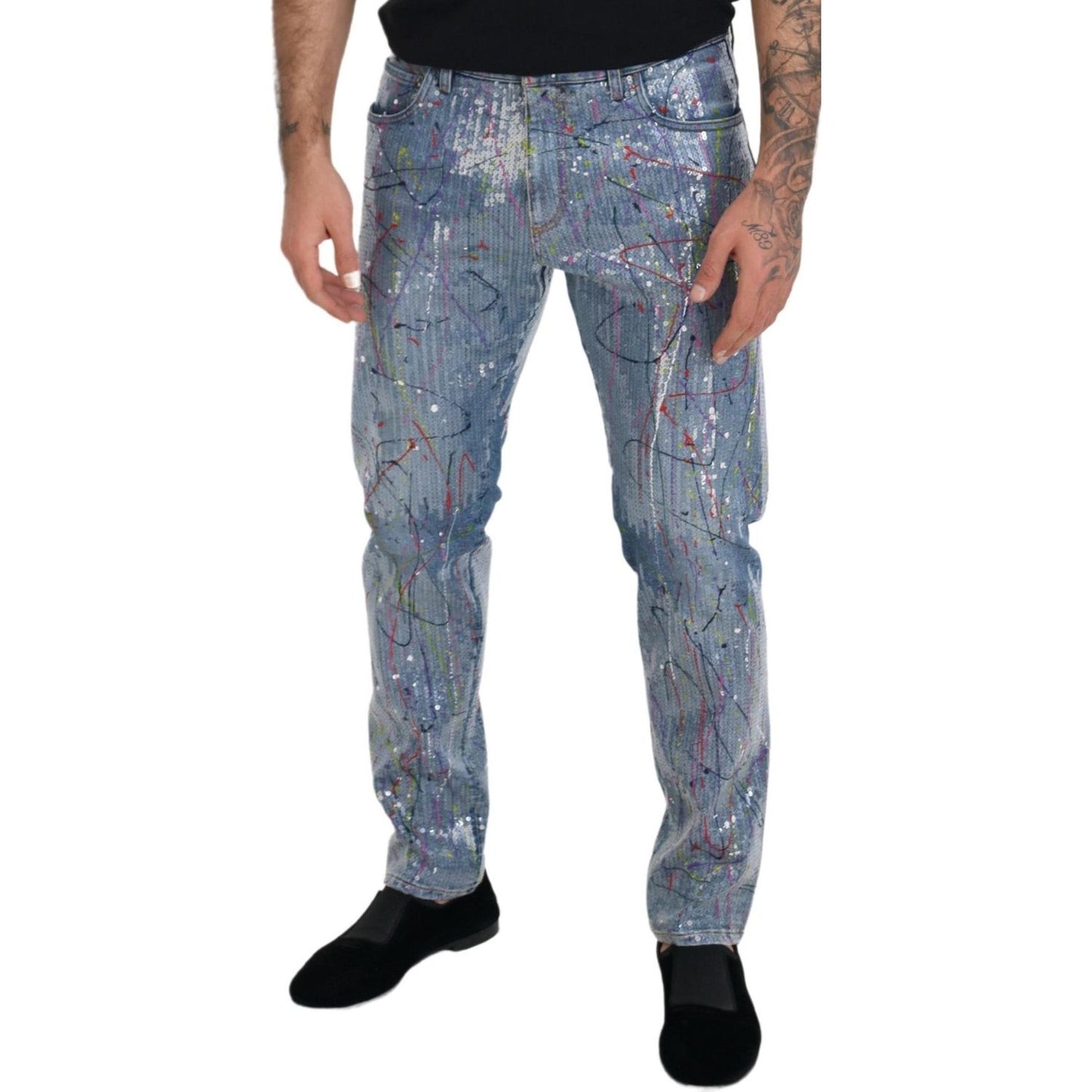 Dolce & Gabbana Blue Cotton Color Splash Print Denim Jeans