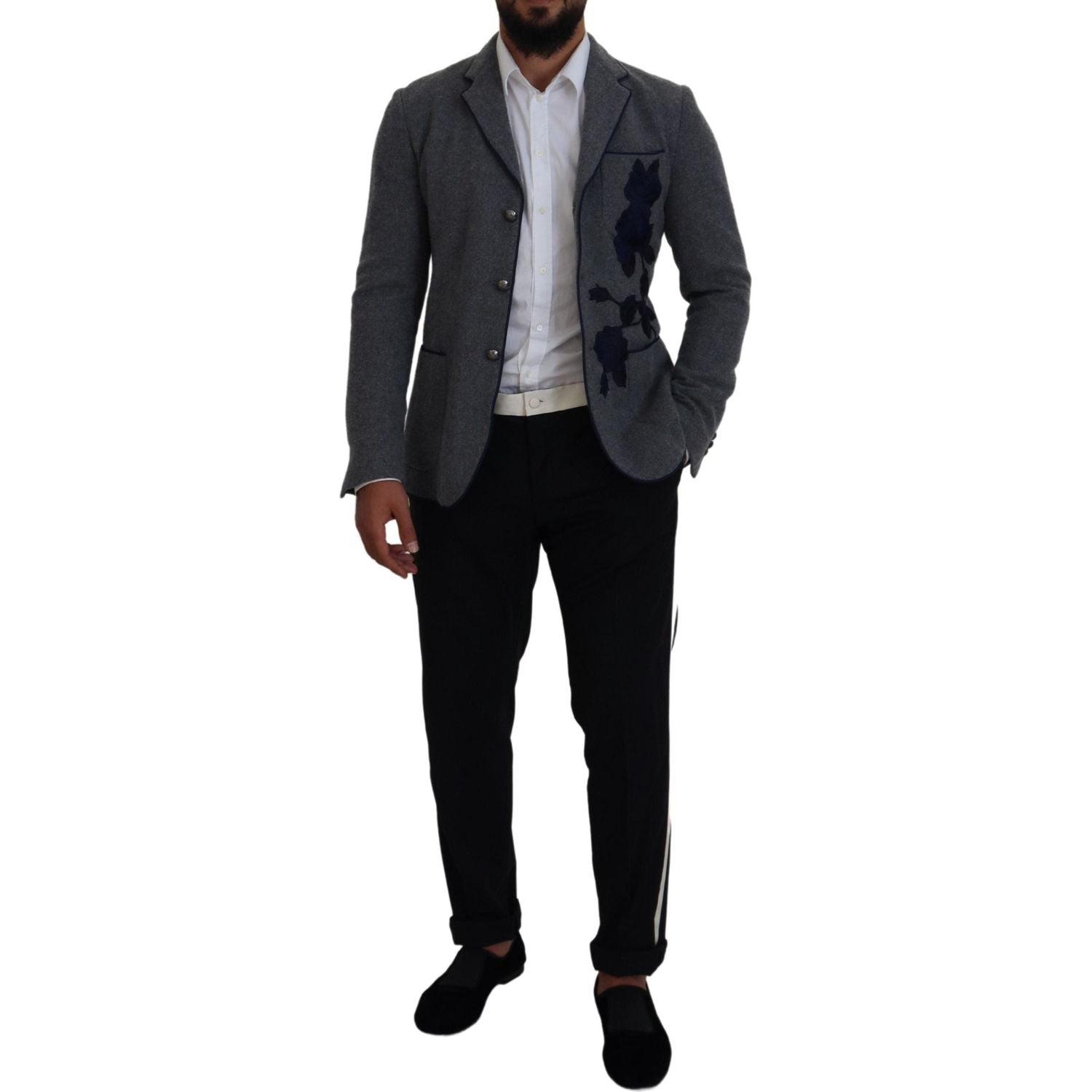 Dolce & Gabbana Gray Wool Roses Slim Fit Jacket Blazer