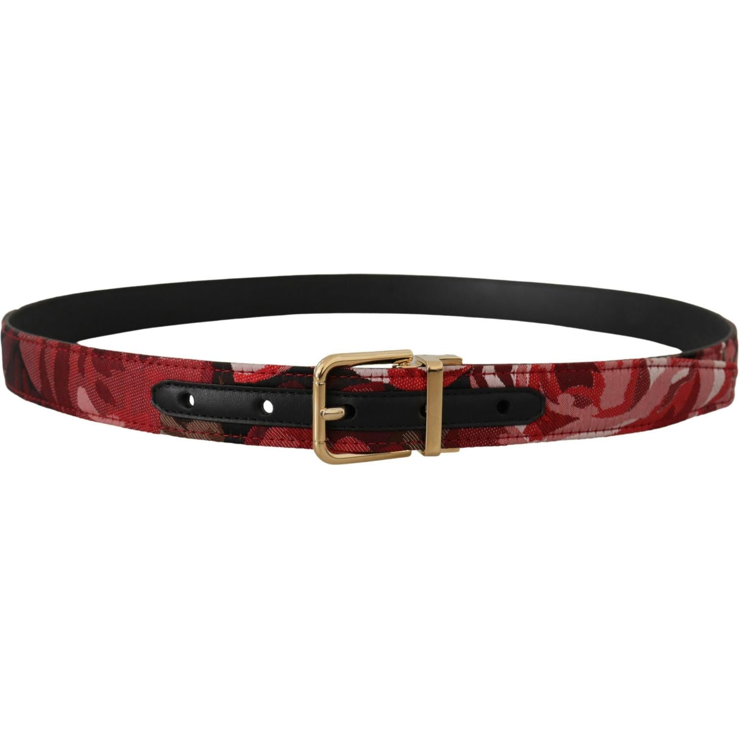 Dolce & Gabbana Red Jacquard Rose Leather Gold Metal Buckle Belt