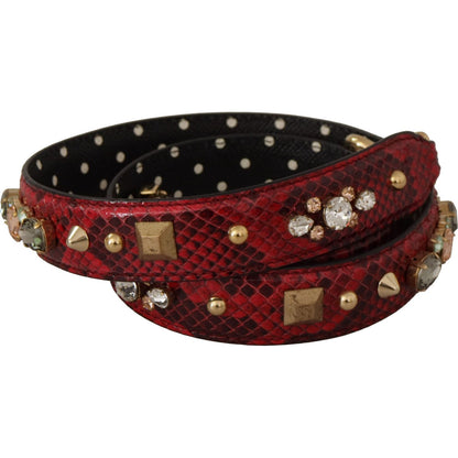 Dolce & Gabbana Red Python Leather Crystals Reversible Shoulder Strap 1728,67345645728,Bags,Dolce & Gabbana,Leather Accessories - Women - Bags,Material: 100% Python Leather,New with tags,Red,Shoulder Straps - Bags,Women,Women - Bags