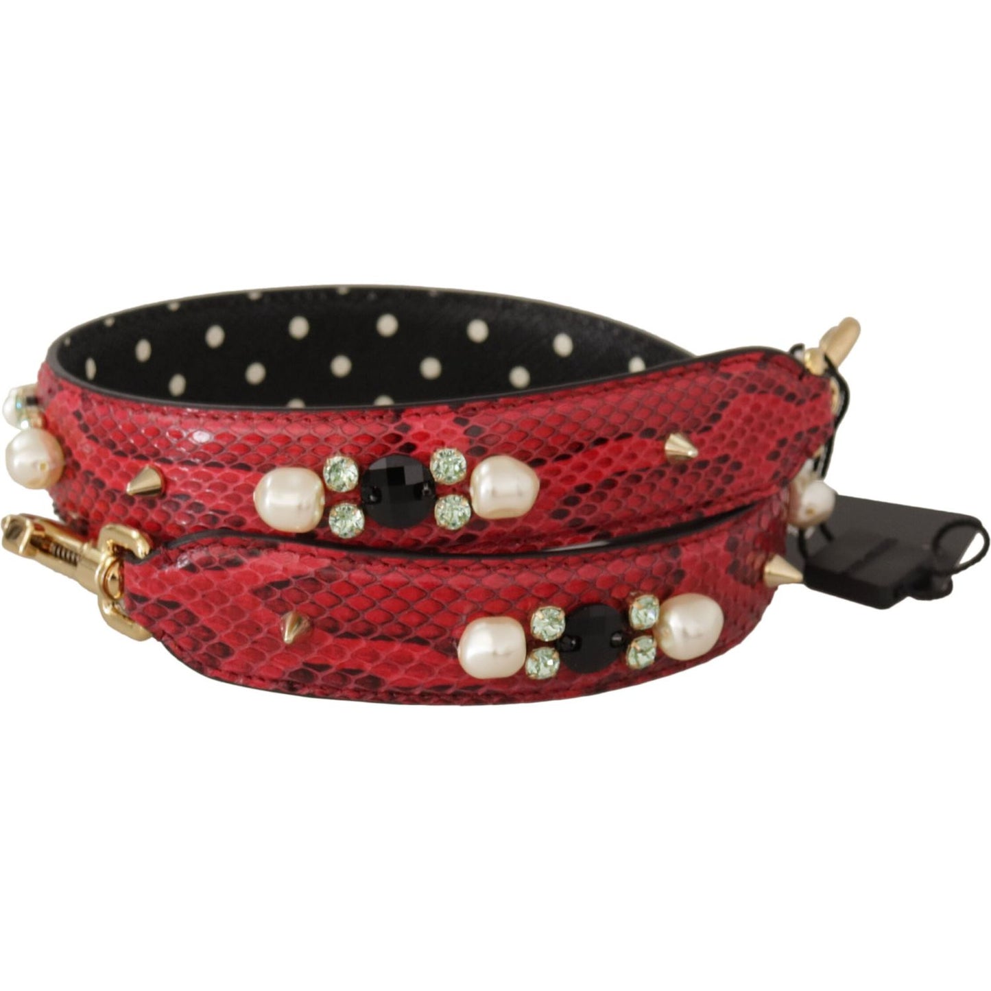 Dolce & Gabbana Red Python Leather Crystals Reversible Shoulder Strap 1728,67345645728,Bags,Dolce & Gabbana,Leather Accessories - Women - Bags,Material: 100% Python Leather,New with tags,Red,Shoulder Straps - Bags,Women,Women - Bags