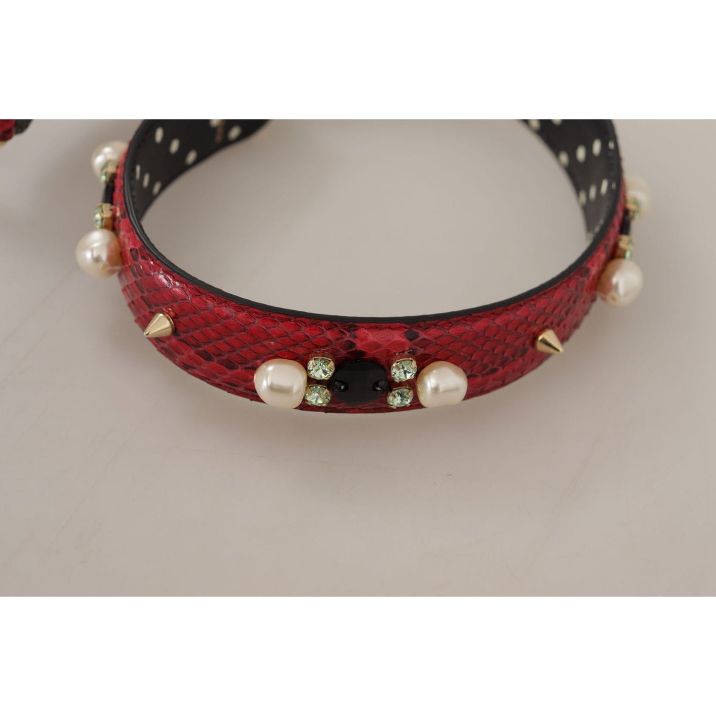 Dolce & Gabbana Red Python Leather Crystals Reversible Shoulder Strap 1728,67345645728,Bags,Dolce & Gabbana,Leather Accessories - Women - Bags,Material: 100% Python Leather,New with tags,Red,Shoulder Straps - Bags,Women,Women - Bags