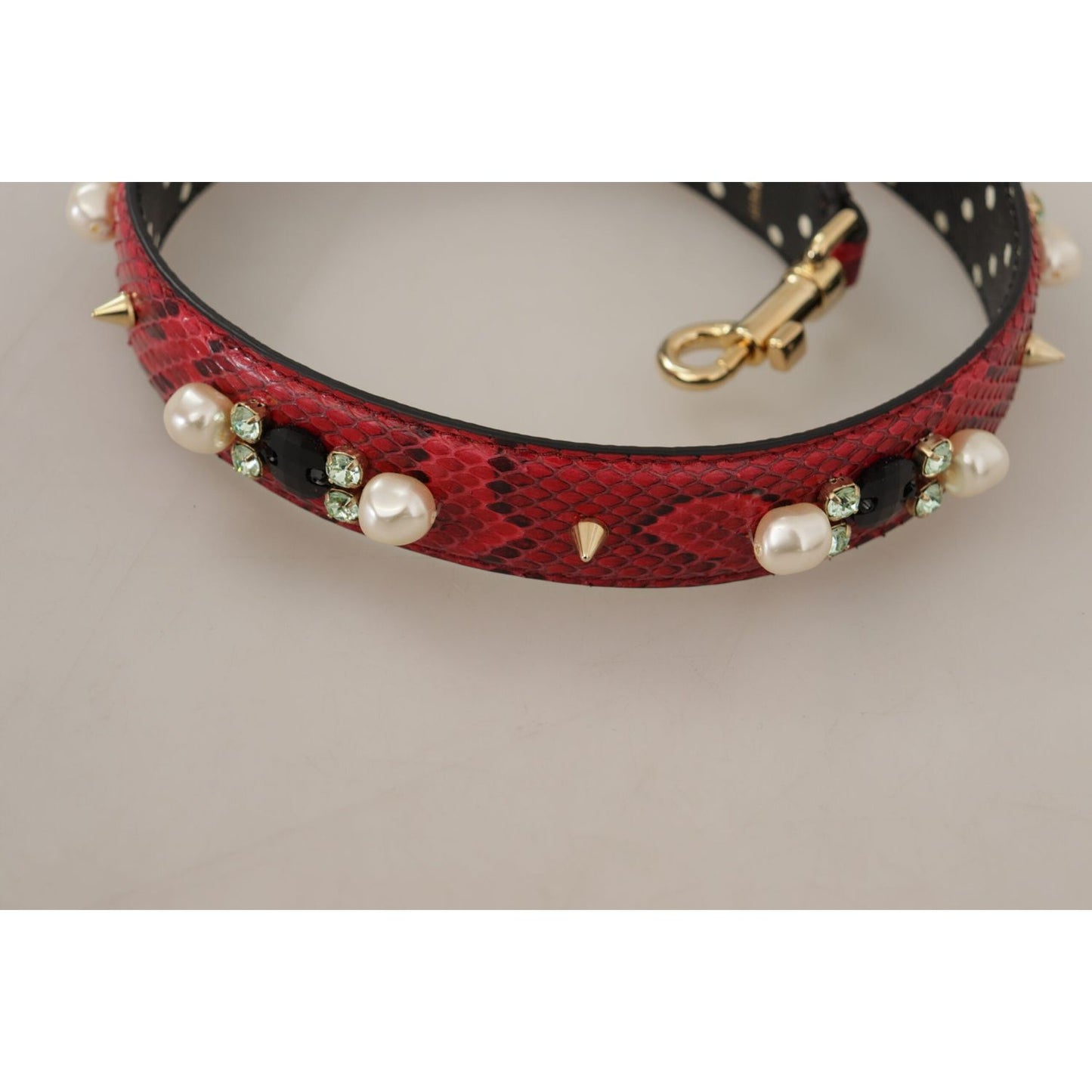 Dolce & Gabbana Red Python Leather Crystals Reversible Shoulder Strap 1728,67345645728,Bags,Dolce & Gabbana,Leather Accessories - Women - Bags,Material: 100% Python Leather,New with tags,Red,Shoulder Straps - Bags,Women,Women - Bags