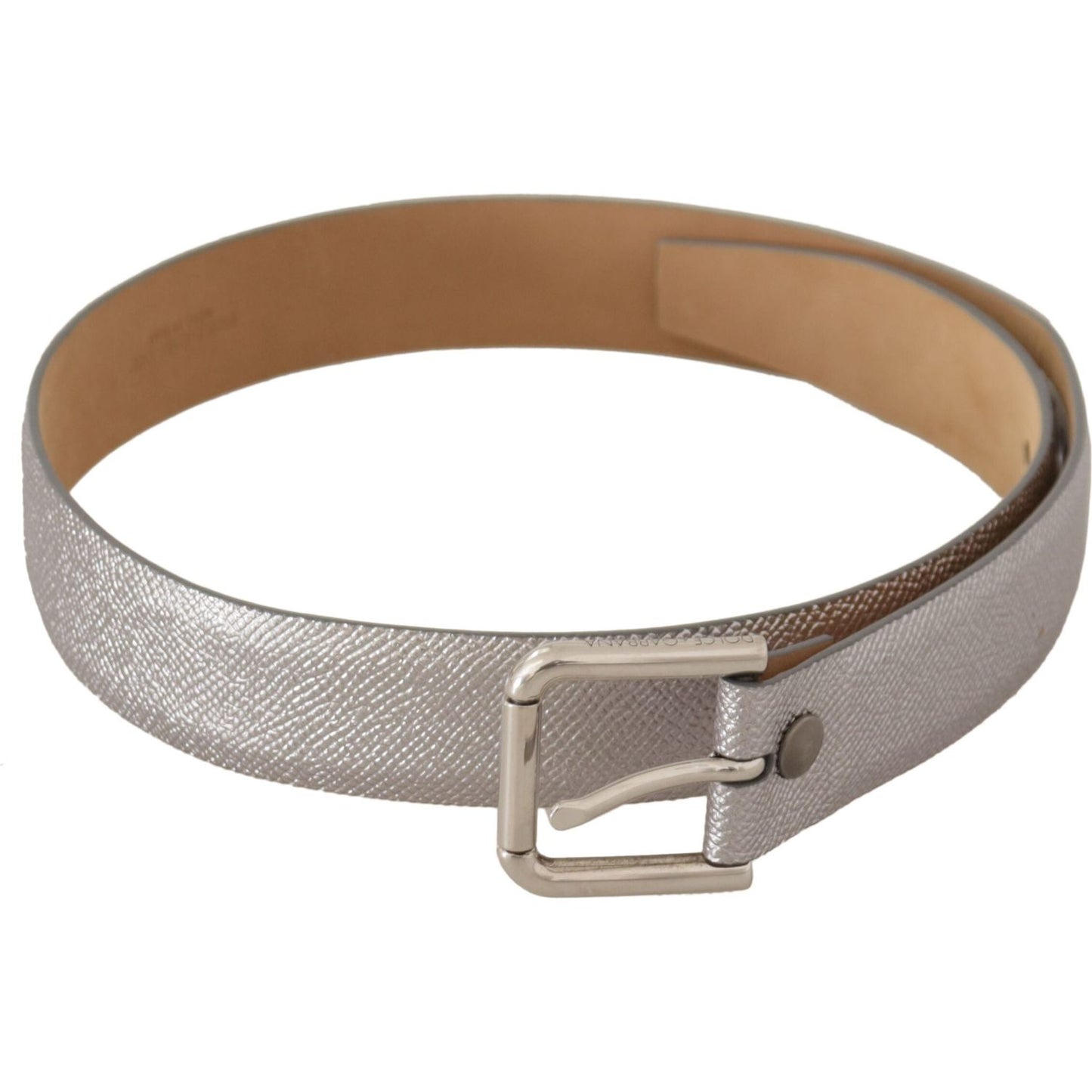 Dolce & Gabbana Elegant Silver Leather Belt with Engraved Buckle Dolce & Gabbana