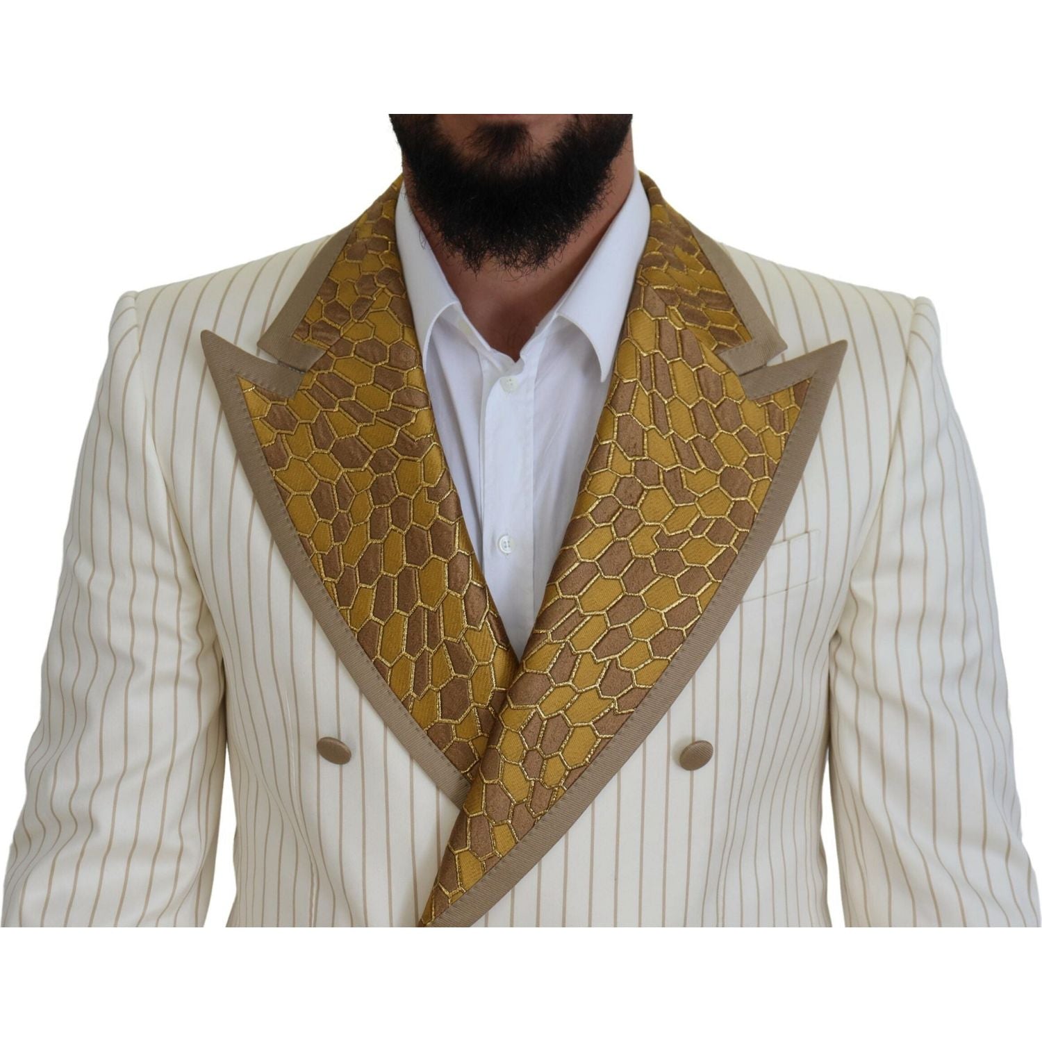 Dolce & Gabbana Off White Gold Striped Tuxedo Slim Fit Suit