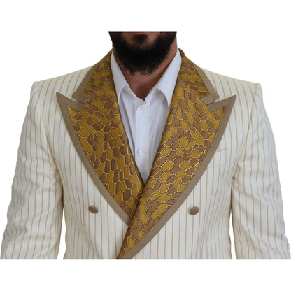 Dolce & Gabbana Off White Gold Striped Tuxedo Slim Fit Suit