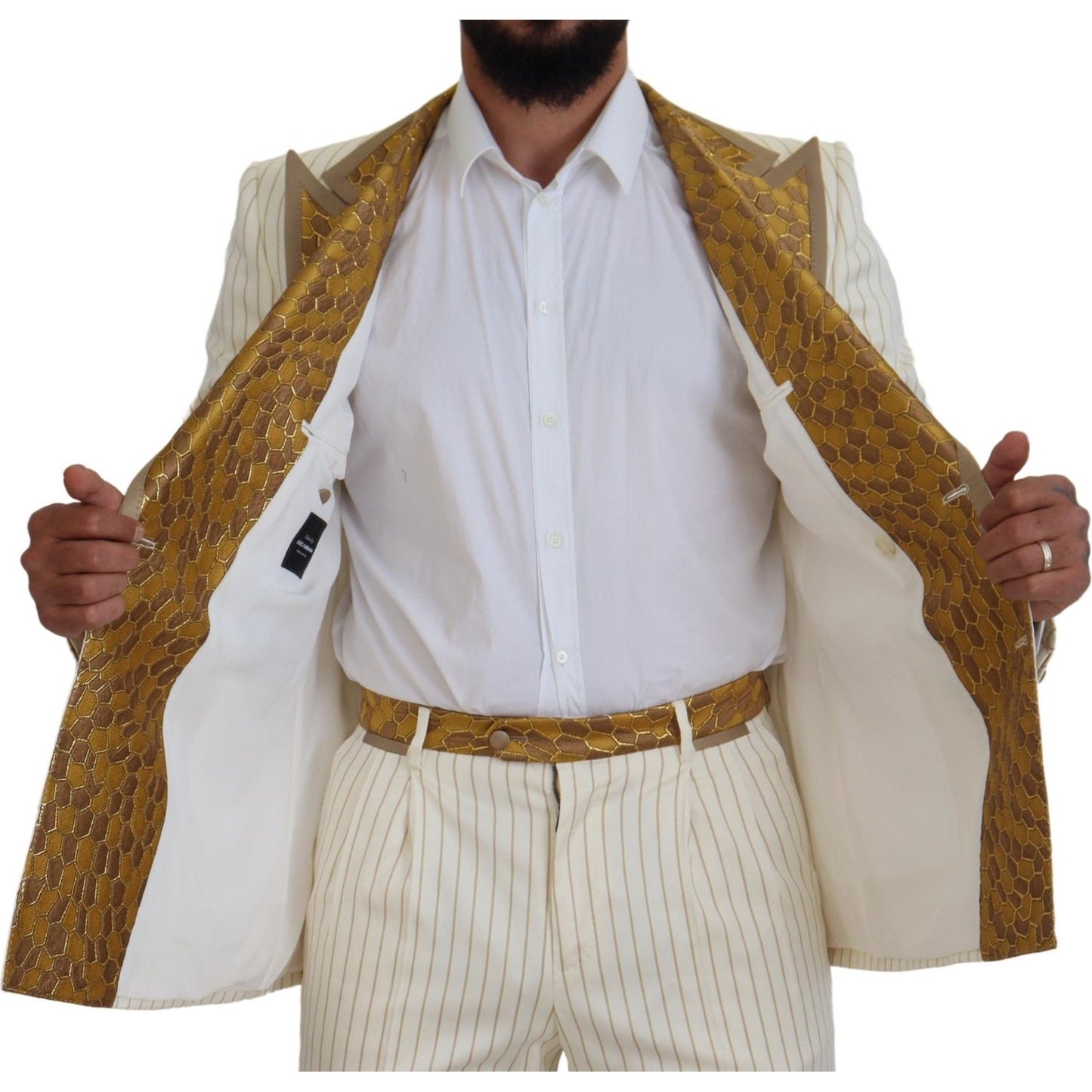 Dolce & Gabbana Off White Gold Striped Tuxedo Slim Fit Suit