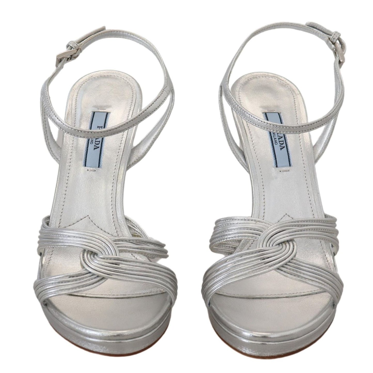 Prada Silver Leather Sandals Ankle Strap Heels Stiletto