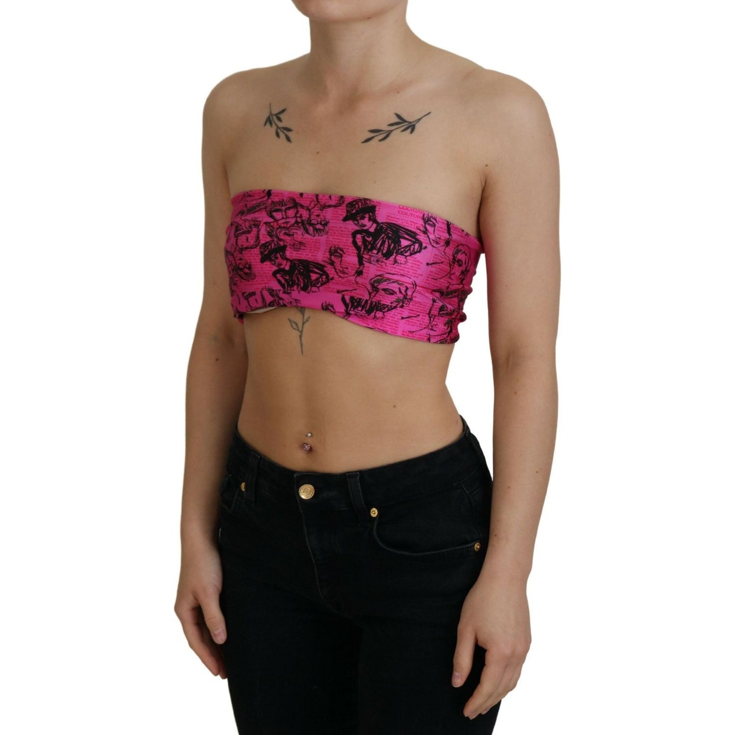 John Galliano Pink Newspaper Print Bra Cropped Blouse