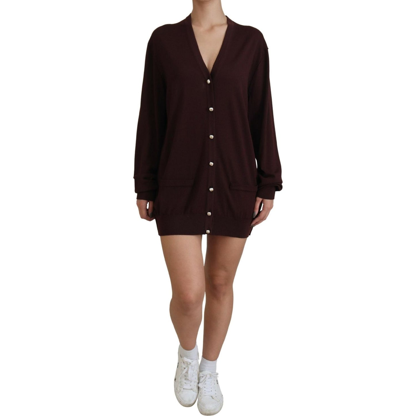 Dolce & Gabbana Maroon Wool Knit Deep V-neck Cardigan Sweater