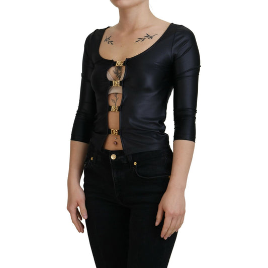 Dolce & Gabbana Elegant Black 3/4 Sleeve Top with Gold Detailing Dolce & Gabbana