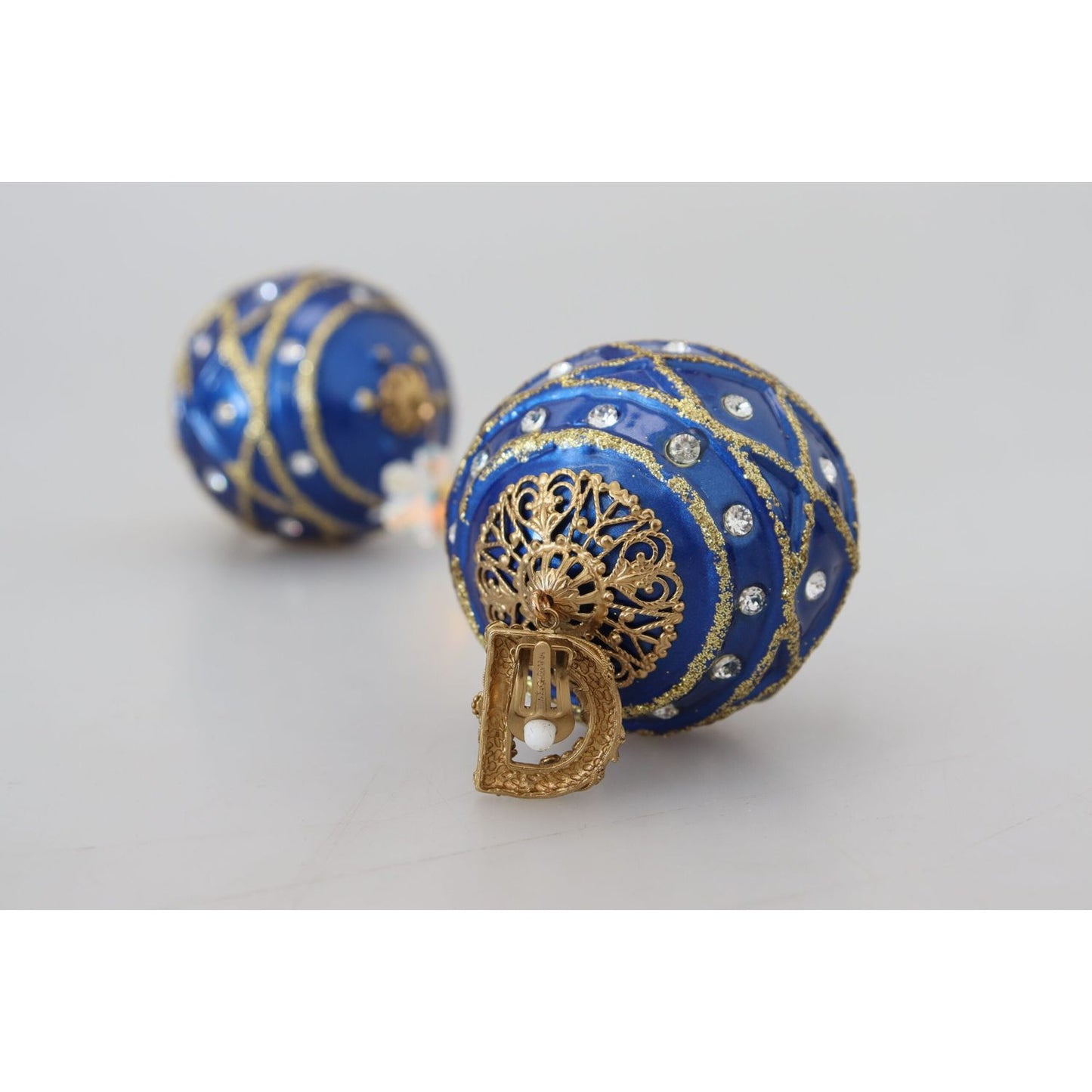 Dolce & Gabbana Gold Brass Blue Dangle Ball Crystal Clip On Earrings