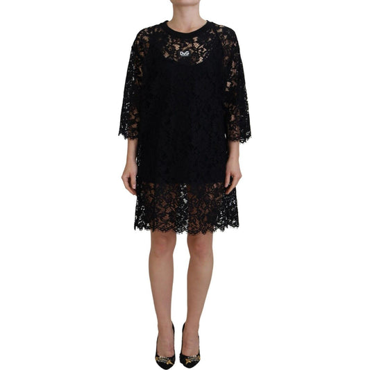 Dolce & Gabbana Black Floral Lace Cotton Shift Mini Dress Dolce & Gabbana