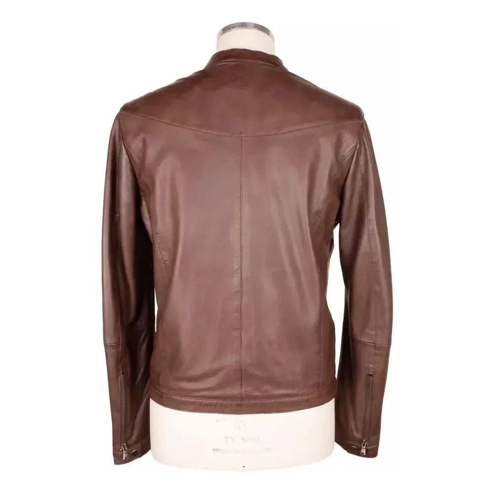 Emilio Romanelli Elegant Brown Leather Jacket with Snap Collar Emilio Romanelli