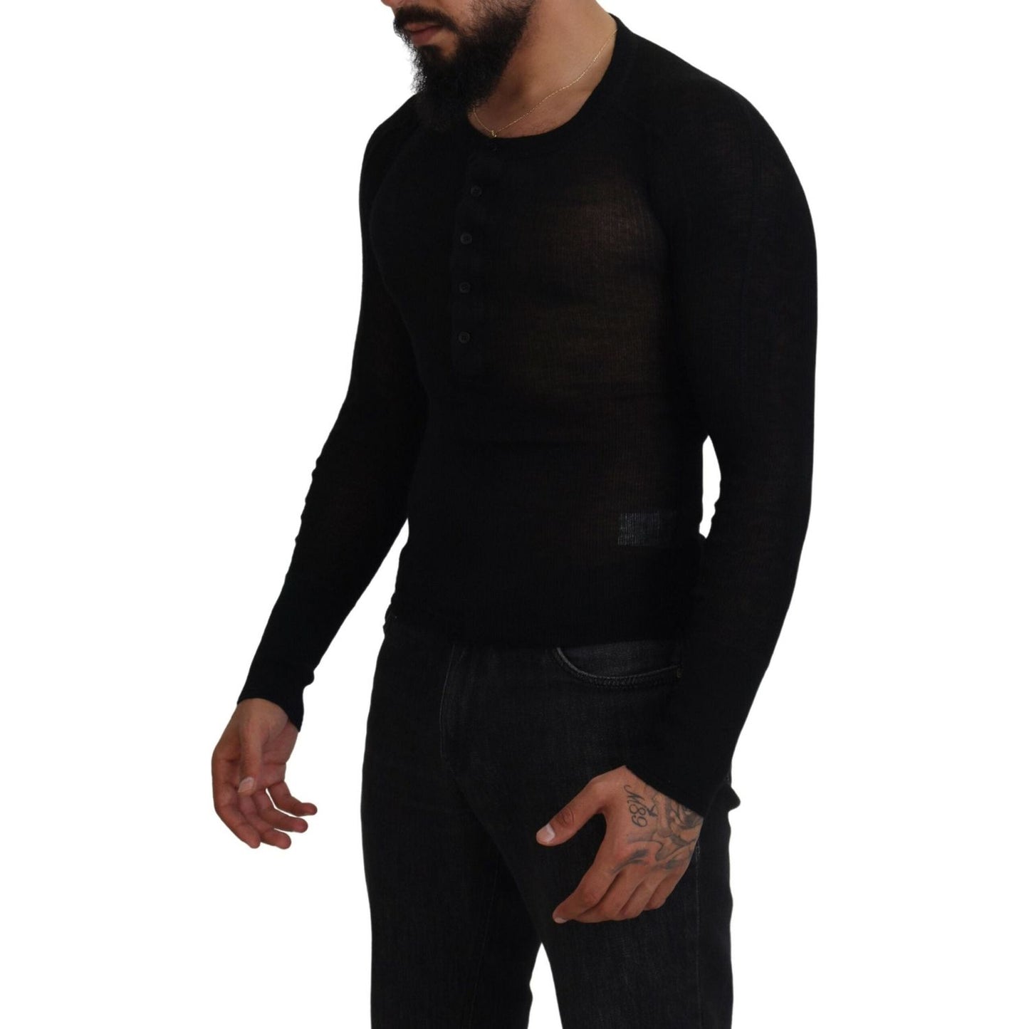 Dolce & Gabbana Black Cashmere Button Pullover Sweater 1728,67345645728,Black,Cashmere - Sweaters - Clothing,Clothing,Dolce & Gabbana,IT44 | XS,Material: 100% cashmere,Men,Men - Clothing,New with tags,Sweaters - Clothing,Sweaters - Men - Clothing,Sweatshi