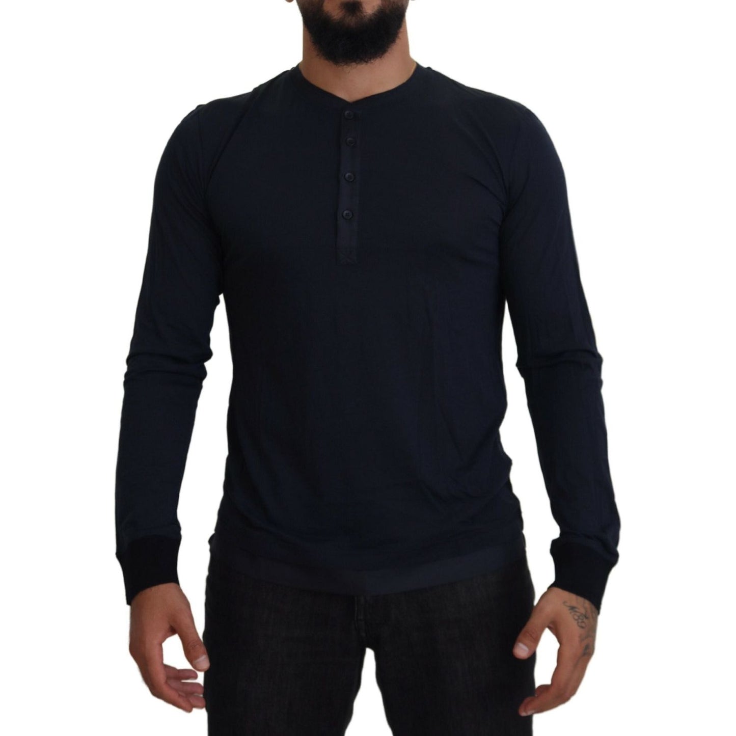 Dolce & Gabbana Blue Cotton Button Crewneck Pullover Sweater 1728,67345645728,Blue,Clothing,Dolce & Gabbana,IT46 | S,Material: 72% Cotton 28% Silk,Men,Men - Clothing,New with tags,Sweaters - Clothing,Sweaters - Men - Clothing,Sweatshirts - Sweaters - Clot