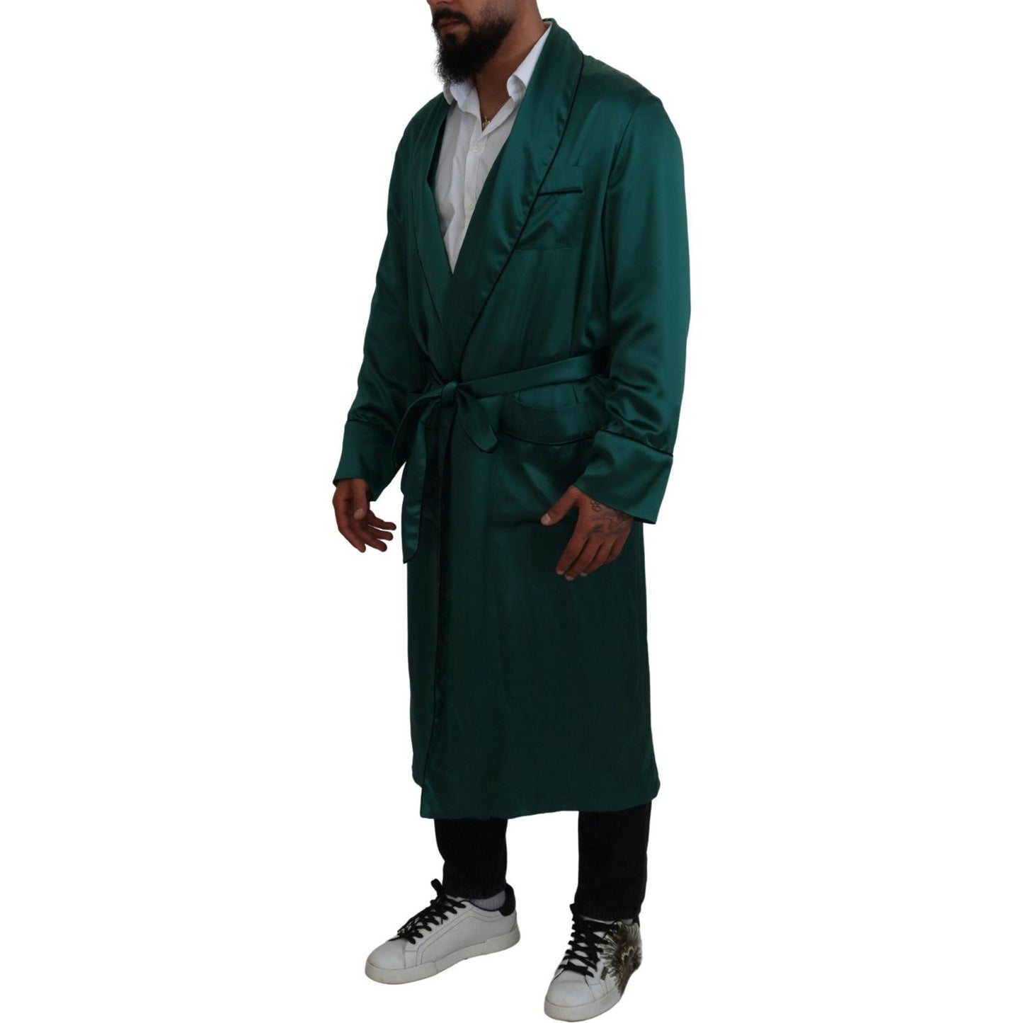 Dolce & Gabbana Green Silk Waist Belt Robe Sleepwear