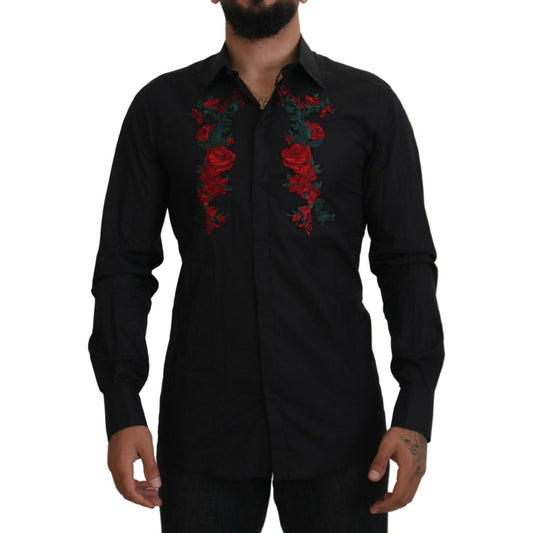 Dolce & Gabbana Black Floral Embroidery Men Long Sleeves GOLD Shirt Dolce & Gabbana