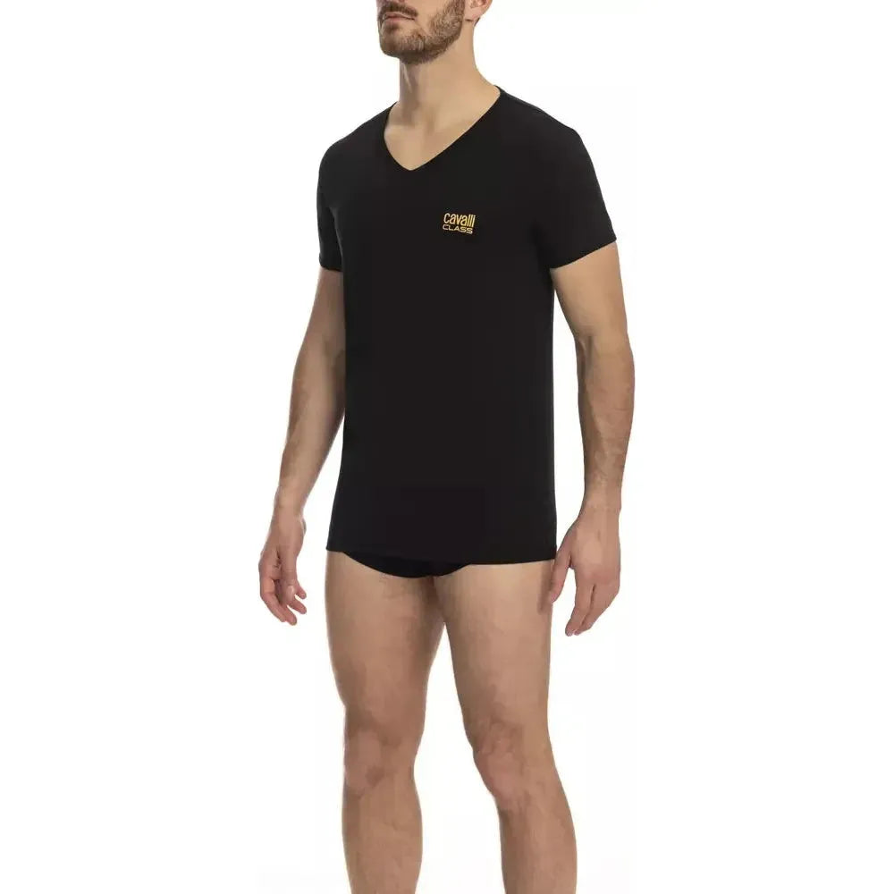 Cavalli Class Black Cotton Men's V-Neck T-Shirt