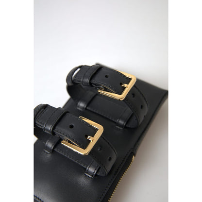 Dolce & Gabbana Black Leather Men Purse Double Belt Strap Bracelet Bag Dolce & Gabbana