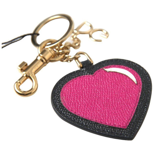 Dolce & Gabbana Black Fuchsia Heart Leather Gold Metal Keyring Keychain 1728,30% Real Brass,67345645728,Accessories,Dolce & Gabbana,Keychains - Other Accessories - Accessories,Keychains - Women - Accessories,Material: 70% Leather,New with tags,Other Acces
