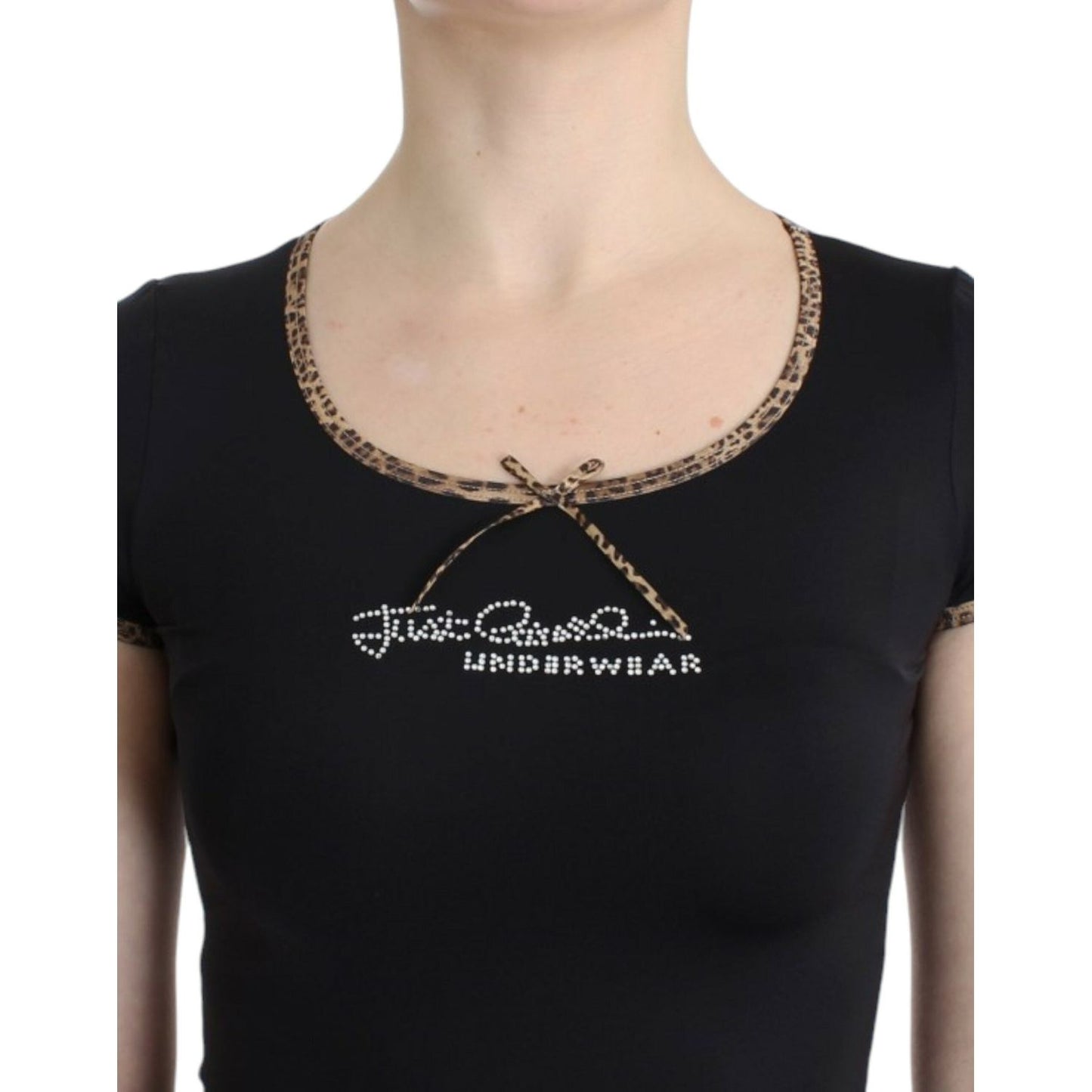 Cavalli Chic Black Crewneck Top with Leopard Details Cavalli