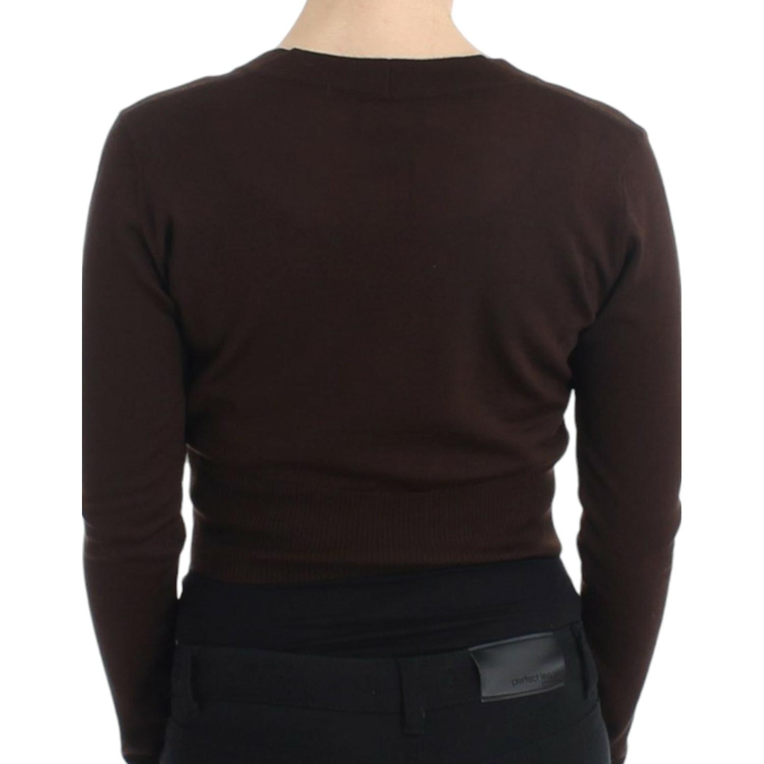 优雅棕色纯羊毛短款开衫