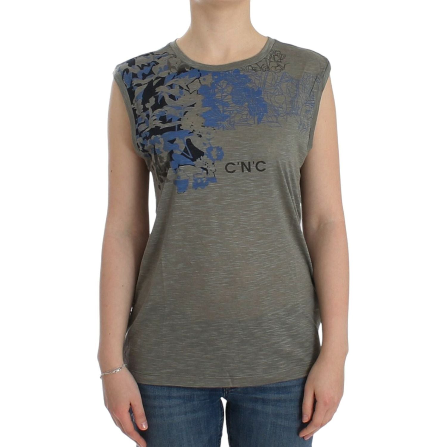 别致的无袖灰色上衣，带有蓝色细节