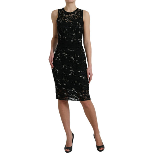 Dolce & Gabbana Black Floral Lace Crystal Sheath Dress Dolce & Gabbana