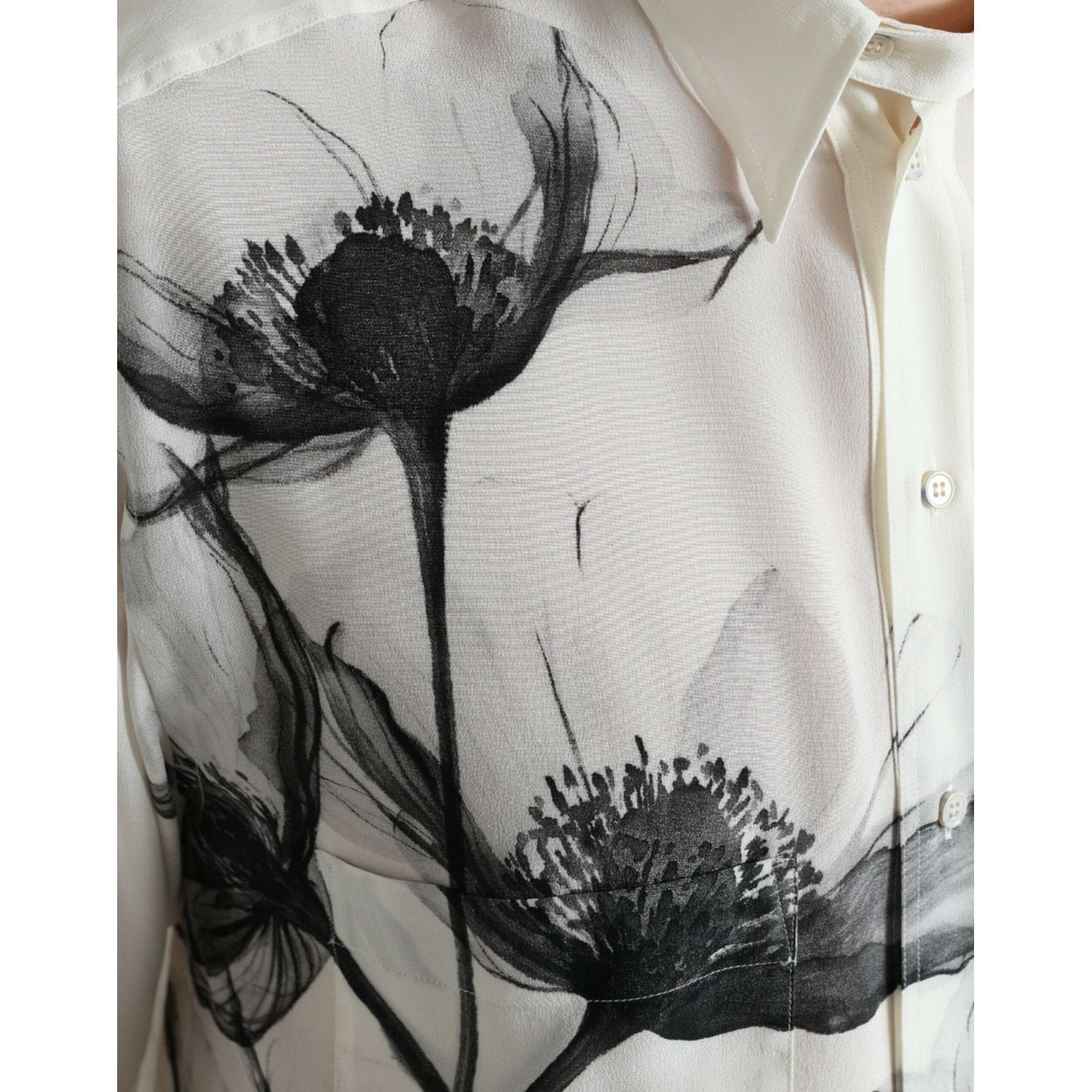 Dolce & Gabbana White Floral Collared Dress Silk Shirt