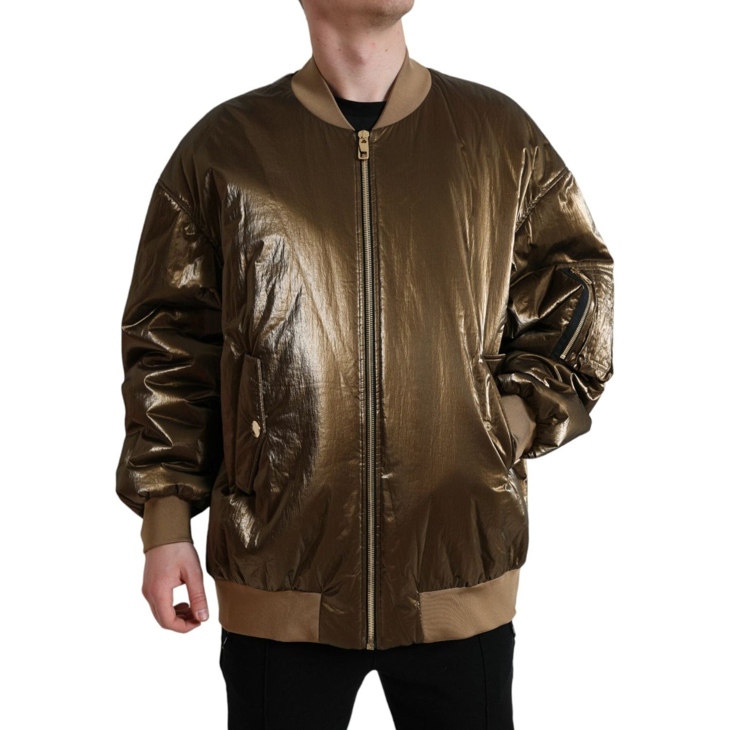 Dolce & Gabbana Bronze Nylon Full Zip Men Bomber Jacket Dolce & Gabbana