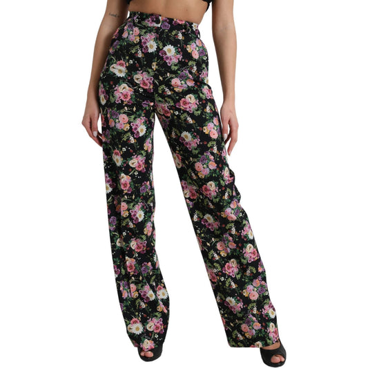 Dolce & Gabbana Black Floral Wool High Waist Wide Leg Pants Dolce & Gabbana
