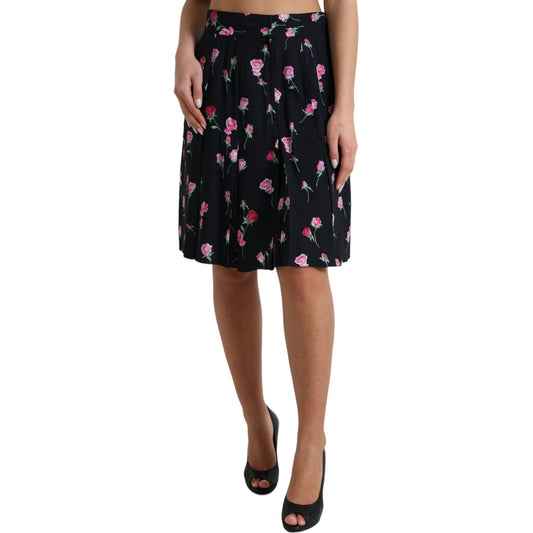 Dolce & Gabbana Black Rose High Waist A-line Knee Length Skirt Dolce & Gabbana