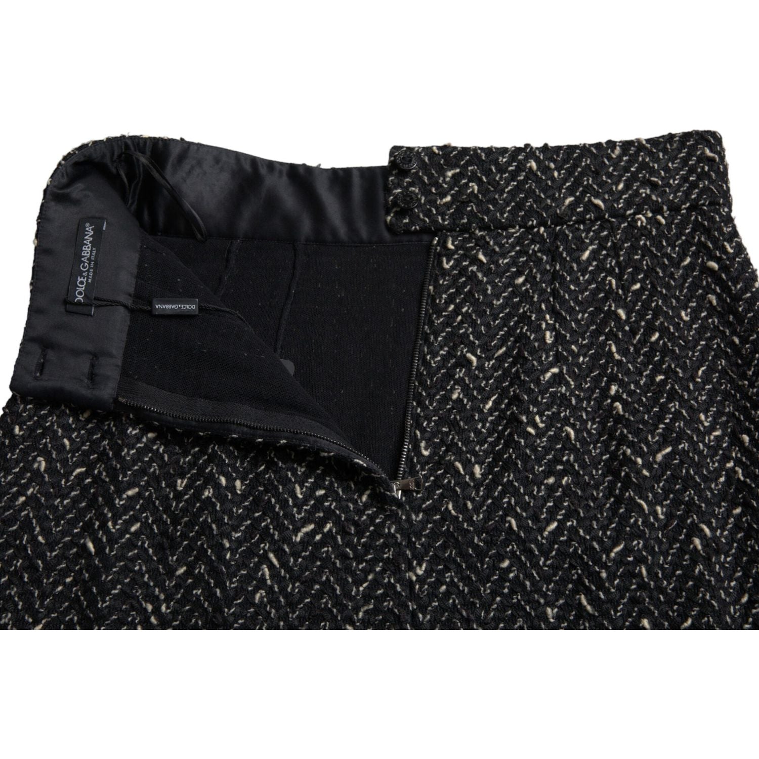 Dolce & Gabbana Black Wool Knit Tweed High Waist Mini Skirt