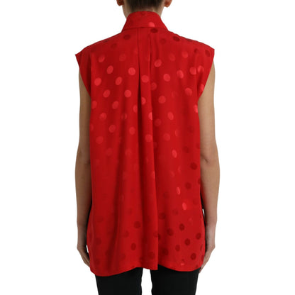 Dolce & Gabbana Red Polka Dot Sleeveless Collared Blouse Top