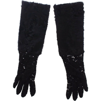 Dolce & Gabbana Black Lace Wool Lambskin Fur Elbow Gloves Dolce & Gabbana