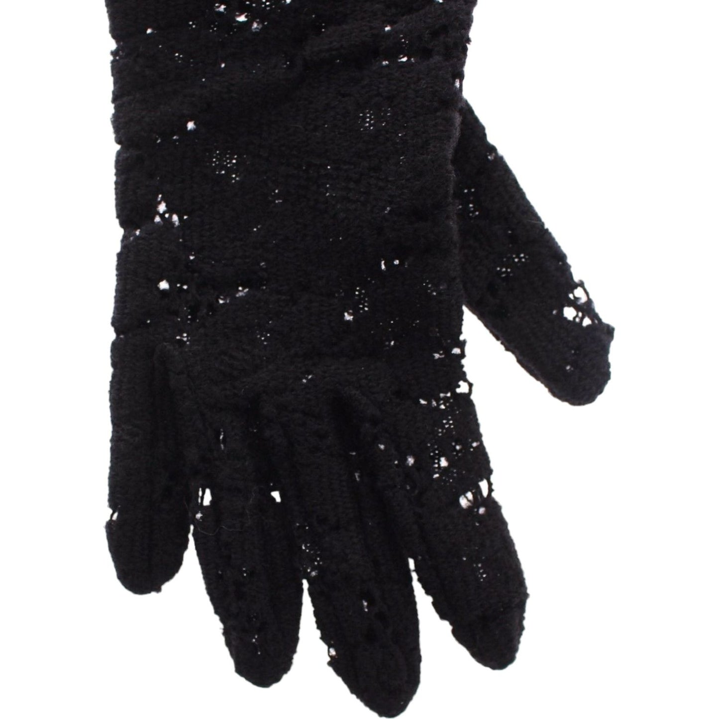 Dolce & Gabbana Black Lace Wool Lambskin Fur Elbow Gloves Dolce & Gabbana