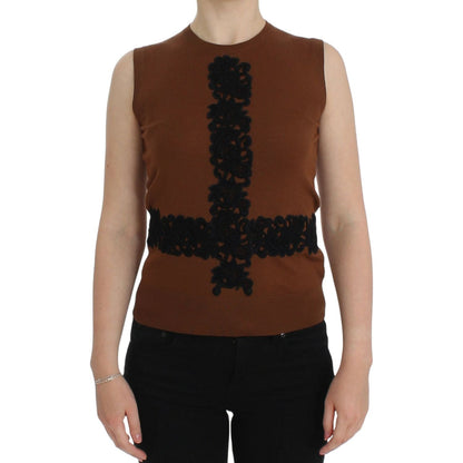 Dolce & Gabbana Brown Wool Black Lace Vest Sweater Top Dolce & Gabbana