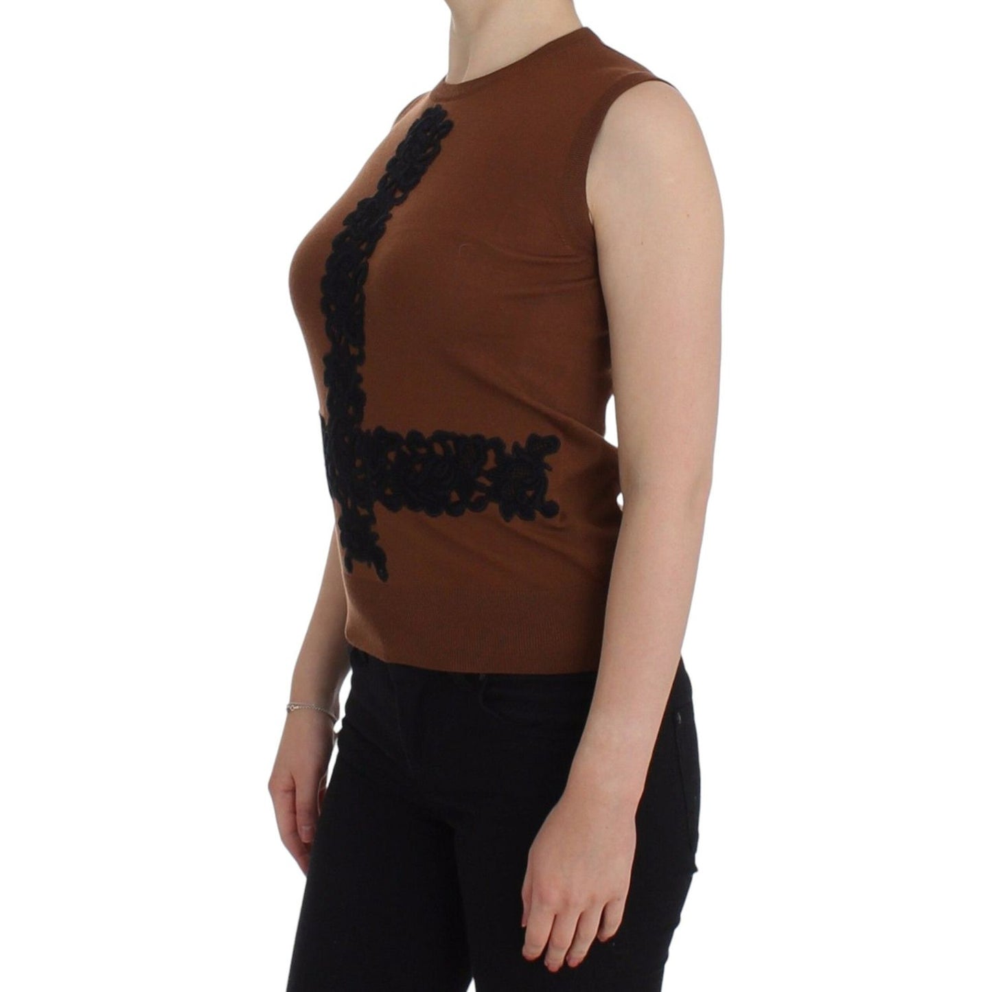 Dolce & Gabbana Brown Wool Black Lace Vest Sweater Top Dolce & Gabbana