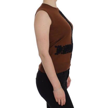 Dolce & Gabbana Brown Wool Black Lace Vest Sweater Top Dolce & Gabbana
