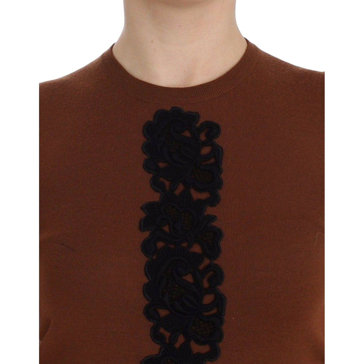 Dolce & Gabbana Brown Wool Black Lace Vest Sweater Top Dolce & Gabbana