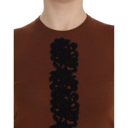 Dolce & Gabbana Brown Wool Black Lace Vest Sweater Top Dolce & Gabbana