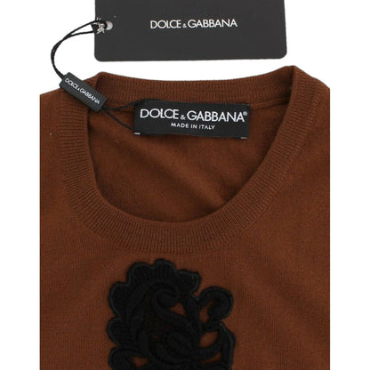 Dolce & Gabbana Brown Wool Black Lace Vest Sweater Top Dolce & Gabbana