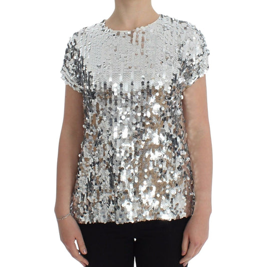 Dolce & Gabbana Silver Sequined Crewneck Blouse T-shirt Top Dolce & Gabbana