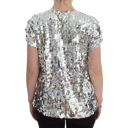 Dolce & Gabbana Silver Sequined Crewneck Blouse T-shirt Top Dolce & Gabbana