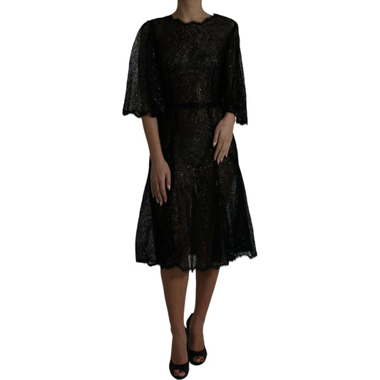 Dolce & Gabbana Black Floral Lace Sheer A-line Midi Dress Dolce & Gabbana